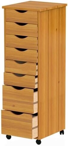 عربة أدوات من الخشب الصلب من بيمبرلي رو، 8 أدراج قابلة للإزالة، لمسة نهائية من الصنوبر المتوسط، خشب الصنوبر الصلب المزروع في المزرعة، الطول 15.35 بوصة × العرض 13.25 بوصة × الارتفاع 40.28 بوصة، عجلات متحركة ناعمة، تخزين مدمج للمنزل أو المكتب in Kuwait