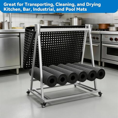 AIWFL Floor Mat Wash Rack and Mat Transporter, Floor Mat Cart with Wheels 42" L x 28" W x 40" H, Galvanized Steel Floor Mats Storage Rack for Kitchen, Industrial, Pool, Drainage and Commercial Mats in Kuwait