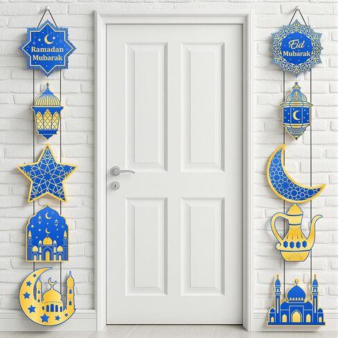 2 Sets Ramadan Porch Decorations 10 Pcs Blue Gold Eid Mubarak Door Sign with Black Rope Ramadan Kareem Banner Hanging Wall Decor for Home Porch Wall Eid Mubarak Party Supplies in Kuwait