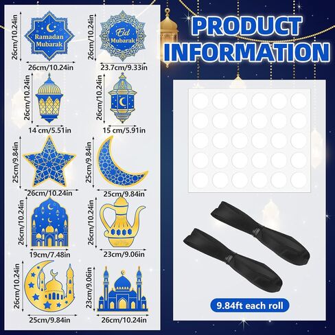 2 Sets Ramadan Porch Decorations 10 Pcs Blue Gold Eid Mubarak Door Sign with Black Rope Ramadan Kareem Banner Hanging Wall Decor for Home Porch Wall Eid Mubarak Party Supplies in Kuwait