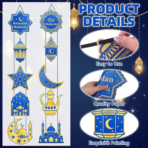 2 Sets Ramadan Porch Decorations 10 Pcs Blue Gold Eid Mubarak Door Sign with Black Rope Ramadan Kareem Banner Hanging Wall Decor for Home Porch Wall Eid Mubarak Party Supplies in Kuwait