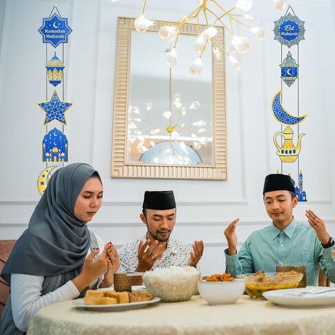 2 Sets Ramadan Porch Decorations 10 Pcs Blue Gold Eid Mubarak Door Sign with Black Rope Ramadan Kareem Banner Hanging Wall Decor for Home Porch Wall Eid Mubarak Party Supplies in Kuwait