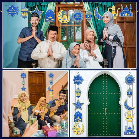 2 Sets Ramadan Porch Decorations 10 Pcs Blue Gold Eid Mubarak Door Sign with Black Rope Ramadan Kareem Banner Hanging Wall Decor for Home Porch Wall Eid Mubarak Party Supplies in Kuwait