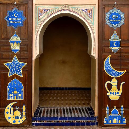 2 Sets Ramadan Porch Decorations 10 Pcs Blue Gold Eid Mubarak Door Sign with Black Rope Ramadan Kareem Banner Hanging Wall Decor for Home Porch Wall Eid Mubarak Party Supplies in Kuwait