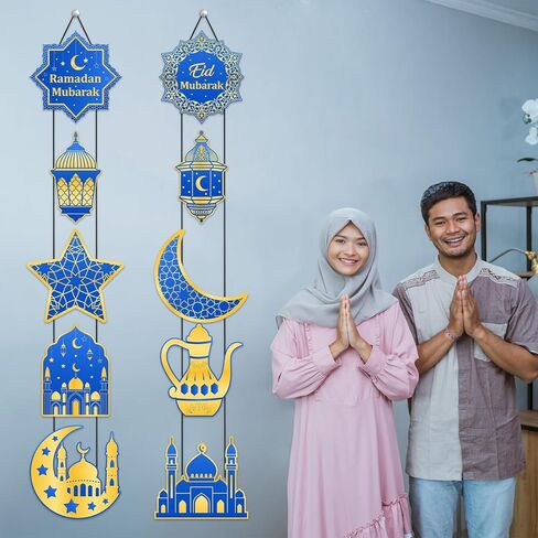 2 Sets Ramadan Porch Decorations 10 Pcs Blue Gold Eid Mubarak Door Sign with Black Rope Ramadan Kareem Banner Hanging Wall Decor for Home Porch Wall Eid Mubarak Party Supplies in Kuwait