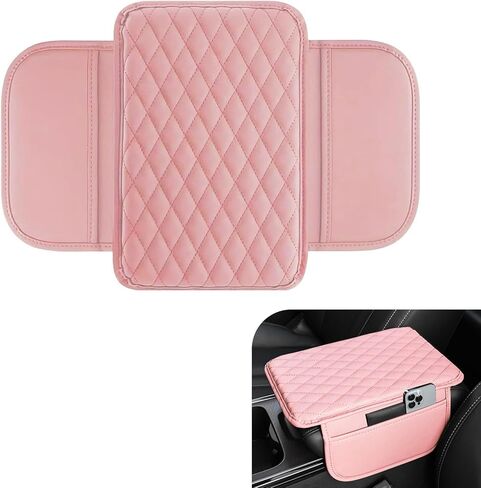 Car Armrest Box Cushion, Breathable Strong Support Cushion with Side Pocket for Phone Wallet Tissue, Waterproof Center Console Protective Cover, Elbow Protector Interior (Pink) in Kuwait