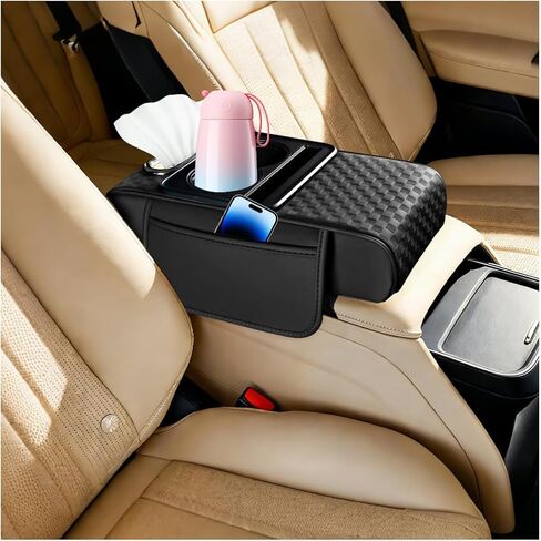 Car Center Console Armrest Pillow, 5-in-1 Armrest Box Cover with Cup Phone Holder & Storage Pocket Tissue Box, Multifunctional Auto Middle Console Arm Rest Protector, Universal Fit (Black) in Saudi Arabia