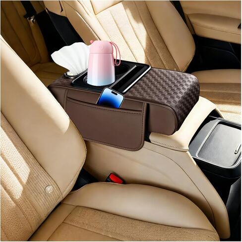Car Center Console Armrest Pillow, 5-in-1 Armrest Box Cover with Cup Phone Holder & Storage Pocket Tissue Box, Multifunctional Auto Middle Console Arm Rest Protector, Universal Fit (Black) in Saudi Arabia
