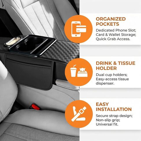 Car Center Console Armrest Pillow, 5-in-1 Armrest Box Cover with Cup Phone Holder & Storage Pocket Tissue Box, Multifunctional Auto Middle Console Arm Rest Protector, Universal Fit (Black) in Saudi Arabia