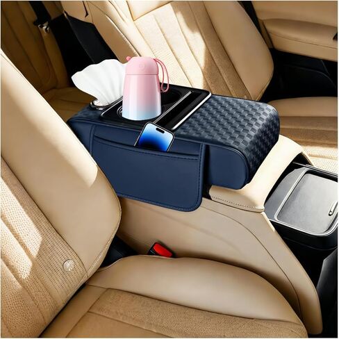Car Center Console Armrest Pillow, 5-in-1 Armrest Box Cover with Cup Phone Holder & Storage Pocket Tissue Box, Multifunctional Auto Middle Console Arm Rest Protector, Universal Fit (Black) in Saudi Arabia