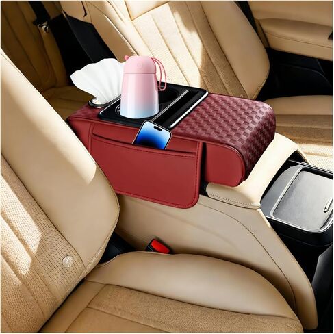 Car Center Console Armrest Pillow, 5-in-1 Armrest Box Cover with Cup Phone Holder & Storage Pocket Tissue Box, Multifunctional Auto Middle Console Arm Rest Protector, Universal Fit (Black) in Saudi Arabia