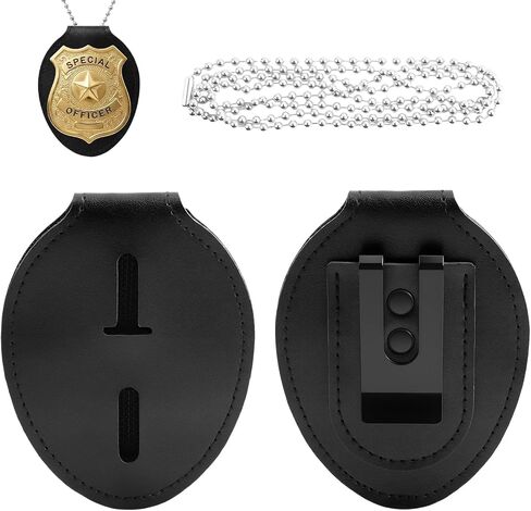Universal PU Police Badge Holder with Neck Chain and Belt Clip, Heavy Duty Leather ID Case for Oval Shield Law Enforcement Security Badges, Neck Hanging Badge Holder for Detective, Constable in Kuwait