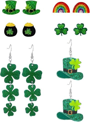 coadipress 6 Pairs St Patricks Day Earrings for Women Shinny Glitter Irish Green Shamrock Hat Dangle Stud Earring Good Luck Jewelry Saint Patricks Day Accessories in Saudi Arabia