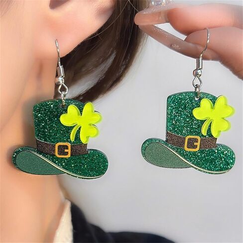 coadipress 6 Pairs St Patricks Day Earrings for Women Shinny Glitter Irish Green Shamrock Hat Dangle Stud Earring Good Luck Jewelry Saint Patricks Day Accessories in Saudi Arabia