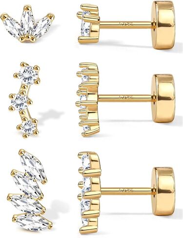 3 Pairs Flat Back Earrings for Women Sterling Silver Earrings Post 14k Gold Plated Stud Earrings Cartilage Earring Helix Conch Tragus Earrings in Saudi Arabia