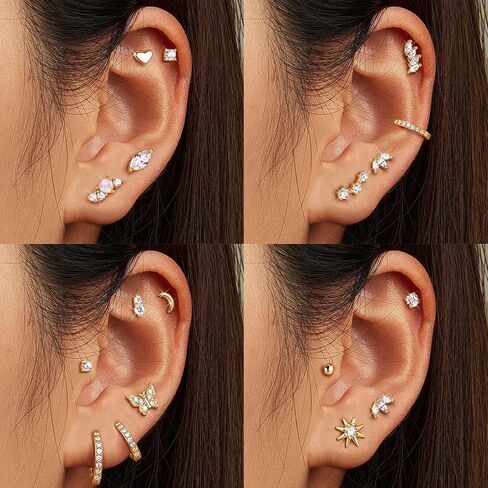 3 Pairs Flat Back Earrings for Women Sterling Silver Earrings Post 14k Gold Plated Stud Earrings Cartilage Earring Helix Conch Tragus Earrings in Saudi Arabia