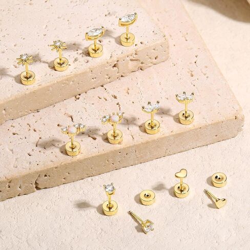 3 Pairs Flat Back Earrings for Women Sterling Silver Earrings Post 14k Gold Plated Stud Earrings Cartilage Earring Helix Conch Tragus Earrings in Saudi Arabia