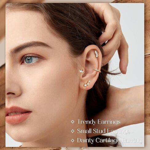 3 Pairs Flat Back Earrings for Women Sterling Silver Earrings Post 14k Gold Plated Stud Earrings Cartilage Earring Helix Conch Tragus Earrings in Saudi Arabia