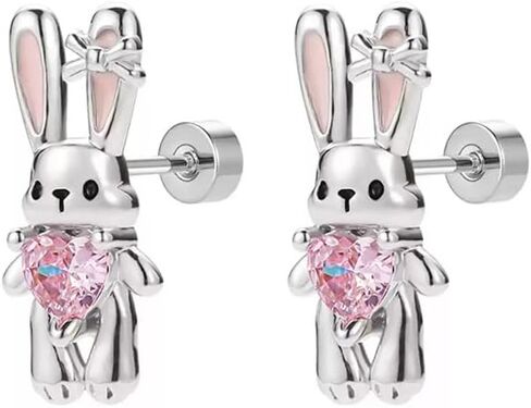 20g Rabbit Pink Heart CZ Flat Screw Back Small Stud Earrings for Women Titanium Steel Silver Plated Cute Sparkly Crystal Enamel Bow Bunny Lovely Animal Tragus Helix Piercing Studs Easter Jewelry in Saudi Arabia