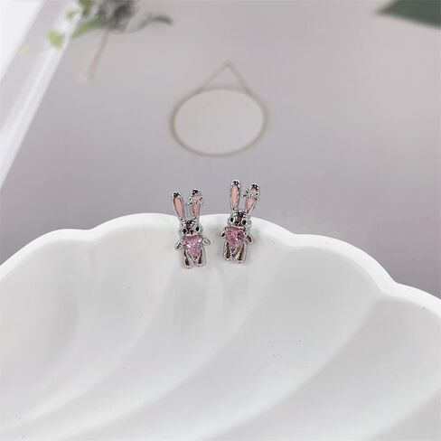 20g Rabbit Pink Heart CZ Flat Screw Back Small Stud Earrings for Women Titanium Steel Silver Plated Cute Sparkly Crystal Enamel Bow Bunny Lovely Animal Tragus Helix Piercing Studs Easter Jewelry in Saudi Arabia