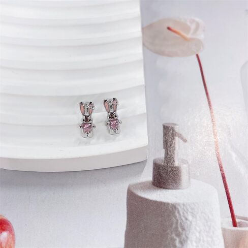 20g Rabbit Pink Heart CZ Flat Screw Back Small Stud Earrings for Women Titanium Steel Silver Plated Cute Sparkly Crystal Enamel Bow Bunny Lovely Animal Tragus Helix Piercing Studs Easter Jewelry in Saudi Arabia