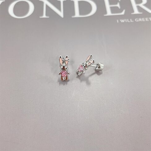 20g Rabbit Pink Heart CZ Flat Screw Back Small Stud Earrings for Women Titanium Steel Silver Plated Cute Sparkly Crystal Enamel Bow Bunny Lovely Animal Tragus Helix Piercing Studs Easter Jewelry in Saudi Arabia