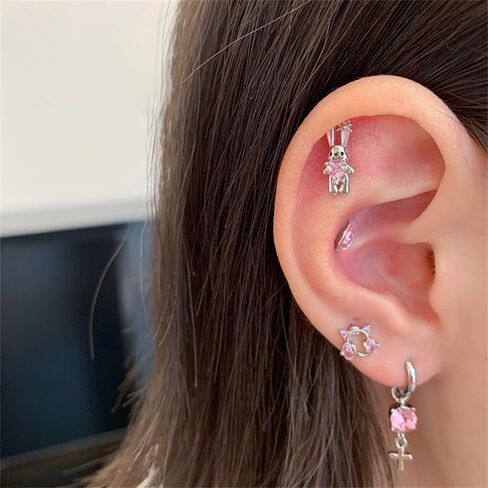 20g Rabbit Pink Heart CZ Flat Screw Back Small Stud Earrings for Women Titanium Steel Silver Plated Cute Sparkly Crystal Enamel Bow Bunny Lovely Animal Tragus Helix Piercing Studs Easter Jewelry in Saudi Arabia
