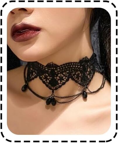 Gothic Lace Choker Necklace for Women Steampunk Black Crystal Tassel Choker Necklace Sexy Women's Costume Party Vintage Thick Choker in Kuwait