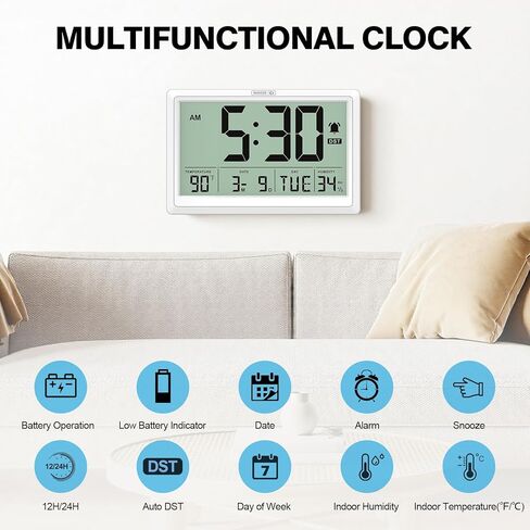 XREXS 10.6 Inch Digital Wall Clock, Battery Operated Large Display Clock, Digital Calendar with Indoor Temperature/Humidity/Date/Day, Auto DST for Classroom, Livingroom, Office(No Backlight)(White) in Saudi Arabia