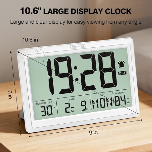 XREXS 10.6 Inch Digital Wall Clock, Battery Operated Large Display Clock, Digital Calendar with Indoor Temperature/Humidity/Date/Day, Auto DST for Classroom, Livingroom, Office(No Backlight)(White) in Saudi Arabia