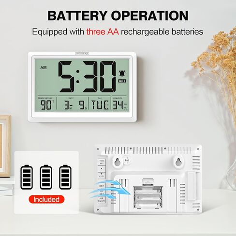 XREXS 10.6 Inch Digital Wall Clock, Battery Operated Large Display Clock, Digital Calendar with Indoor Temperature/Humidity/Date/Day, Auto DST for Classroom, Livingroom, Office(No Backlight)(White) in Saudi Arabia