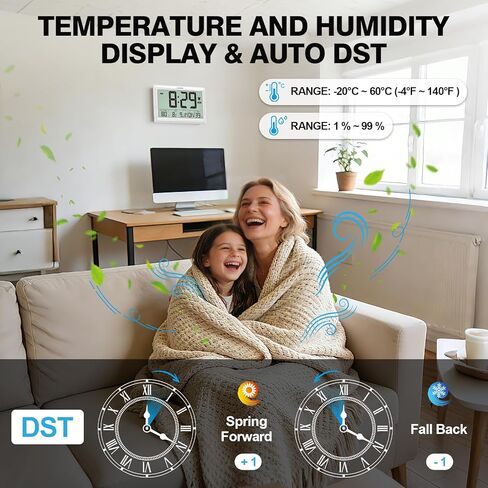 XREXS 10.6 Inch Digital Wall Clock, Battery Operated Large Display Clock, Digital Calendar with Indoor Temperature/Humidity/Date/Day, Auto DST for Classroom, Livingroom, Office(No Backlight)(White) in Saudi Arabia