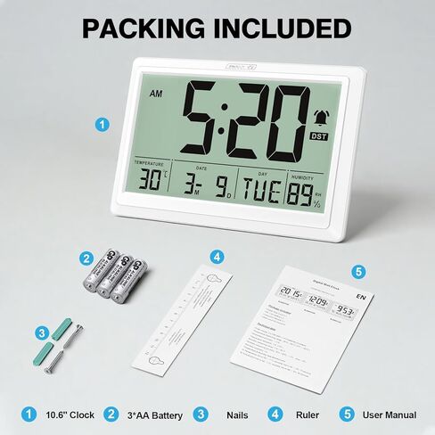 XREXS 10.6 Inch Digital Wall Clock, Battery Operated Large Display Clock, Digital Calendar with Indoor Temperature/Humidity/Date/Day, Auto DST for Classroom, Livingroom, Office(No Backlight)(White) in Saudi Arabia