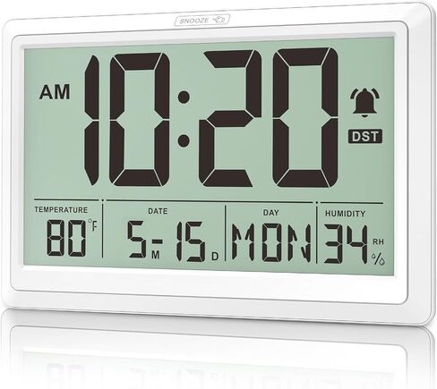 XREXS 10.6 Inch Digital Wall Clock, Battery Operated Large Display Clock, Digital Calendar with Indoor Temperature/Humidity/Date/Day, Auto DST for Classroom, Livingroom, Office(No Backlight)(White) in Saudi Arabia