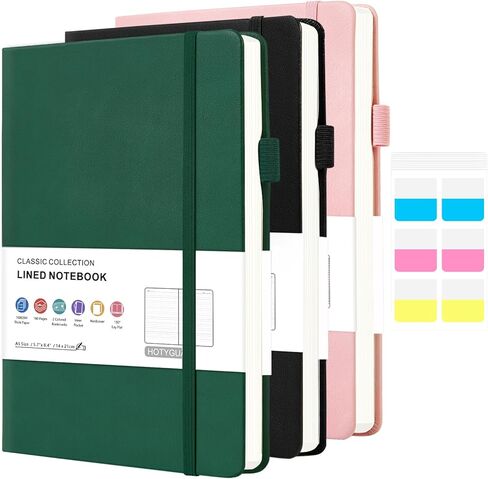 A5 Lined Journal Notebook, 3 Pack College Ruled Notebook for Work, Women & Men, Leather Journal with Pockets & Pen Loop, Hardcover Notebooks for Writing, Office School, 160 Pages, 100GSM Thick Paper (Pink, Black, Green) in Saudi Arabia