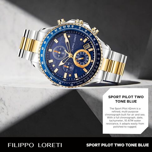 FILIPPO LORETI Sport Pilot Steel Black Chronograph Mecaquartz 42mm 100M Water Resistance Wrist Watch for Men in Saudi Arabia