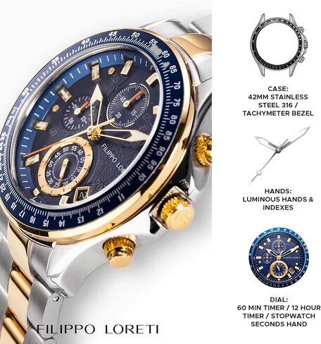 FILIPPO LORETI Sport Pilot Steel Black Chronograph Mecaquartz 42mm 100M Water Resistance Wrist Watch for Men in Saudi Arabia
