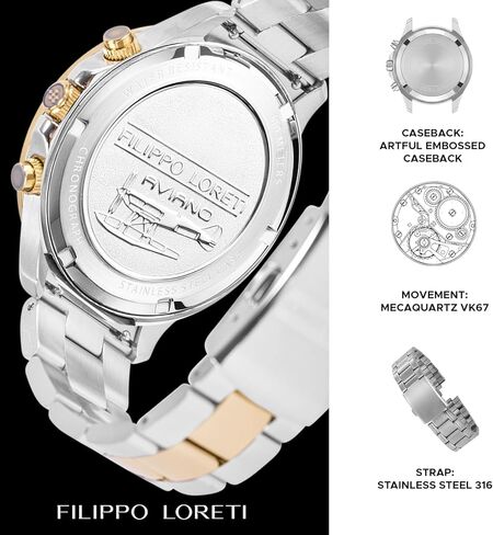 FILIPPO LORETI Sport Pilot Steel Black Chronograph Mecaquartz 42mm 100M Water Resistance Wrist Watch for Men in Saudi Arabia