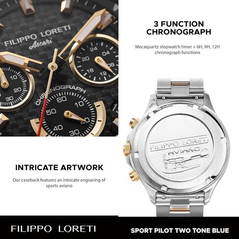 FILIPPO LORETI Sport Pilot Steel Black Chronograph Mecaquartz 42mm 100M Water Resistance Wrist Watch for Men in Saudi Arabia