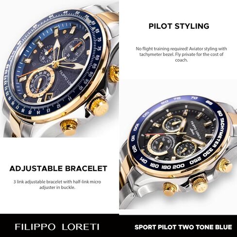 FILIPPO LORETI Sport Pilot Steel Black Chronograph Mecaquartz 42mm 100M Water Resistance Wrist Watch for Men in Saudi Arabia