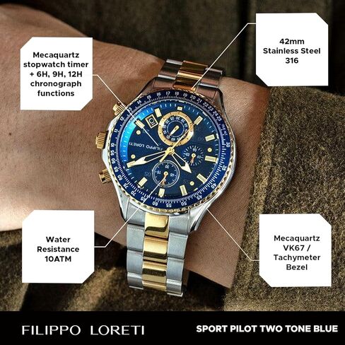 FILIPPO LORETI Sport Pilot Steel Black Chronograph Mecaquartz 42mm 100M Water Resistance Wrist Watch for Men in Saudi Arabia