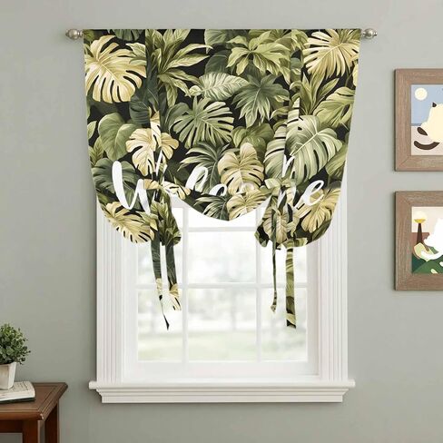 Summer Green Leaf Tie Up Curtains for Window, Botanical Watercolor Tropical Plants Thermal Insulated Balloon Shade Adjustable Rod Pocket Curtains Valance Panels for Kitchen Bathroom Café 52'' x 63'' in Saudi Arabia