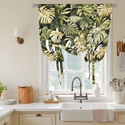 Summer Green Leaf Tie Up Curtains for Window, Botanical Watercolor Tropical Plants Thermal Insulated Balloon Shade Adjustable Rod Pocket Curtains Valance Panels for Kitchen Bathroom Café 52'' x 63'' in Saudi Arabia