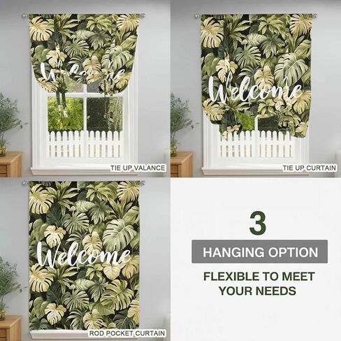 Summer Green Leaf Tie Up Curtains for Window, Botanical Watercolor Tropical Plants Thermal Insulated Balloon Shade Adjustable Rod Pocket Curtains Valance Panels for Kitchen Bathroom Café 52'' x 63'' in Saudi Arabia