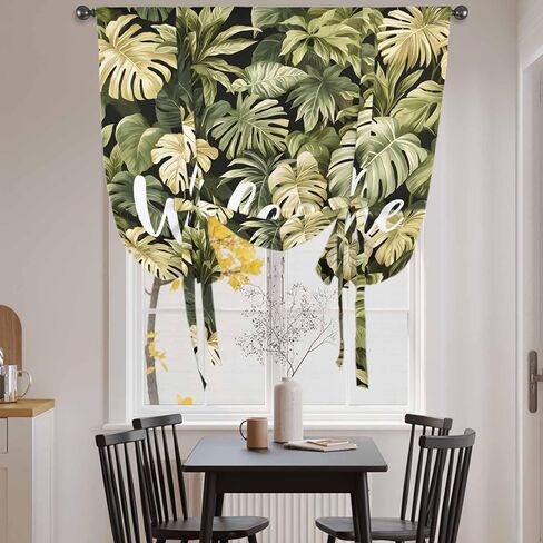 Summer Green Leaf Tie Up Curtains for Window, Botanical Watercolor Tropical Plants Thermal Insulated Balloon Shade Adjustable Rod Pocket Curtains Valance Panels for Kitchen Bathroom Café 52'' x 63'' in Saudi Arabia