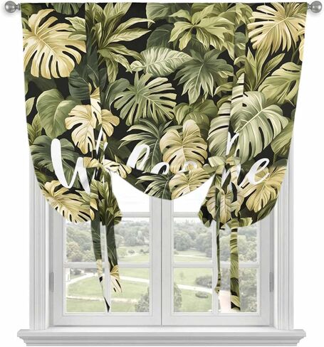 Summer Green Leaf Tie Up Curtains for Window, Botanical Watercolor Tropical Plants Thermal Insulated Balloon Shade Adjustable Rod Pocket Curtains Valance Panels for Kitchen Bathroom Café 52'' x 63'' in Saudi Arabia