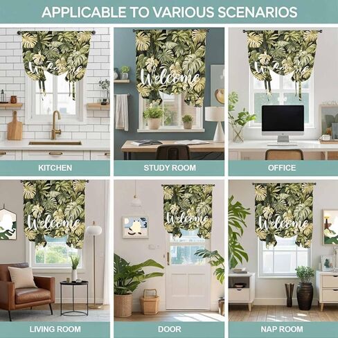 Summer Green Leaf Tie Up Curtains for Window, Botanical Watercolor Tropical Plants Thermal Insulated Balloon Shade Adjustable Rod Pocket Curtains Valance Panels for Kitchen Bathroom Café 52'' x 63'' in Saudi Arabia