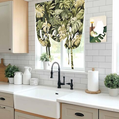 Summer Green Leaf Tie Up Curtains for Window, Botanical Watercolor Tropical Plants Thermal Insulated Balloon Shade Adjustable Rod Pocket Curtains Valance Panels for Kitchen Bathroom Café 52'' x 63'' in Saudi Arabia