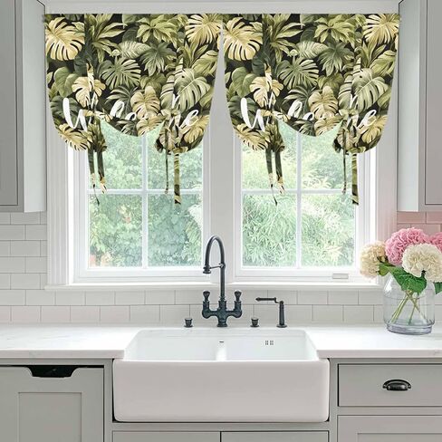 Summer Green Leaf Tie Up Curtains for Window, Botanical Watercolor Tropical Plants Thermal Insulated Balloon Shade Adjustable Rod Pocket Curtains Valance Panels for Kitchen Bathroom Café 52'' x 63'' in Saudi Arabia