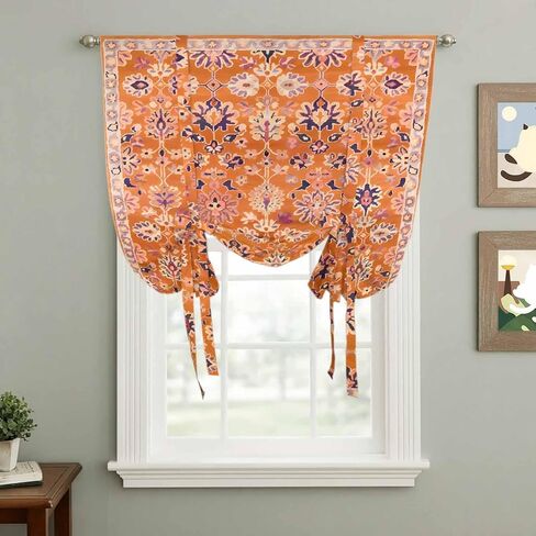 Boho Orange Tie Up Curtains for Window, Country Style Bohemian Floral Retro Tribal Thermal Insulated Balloon Shade Adjustable Rod Pocket Curtains Valance Panels for Kitchen Bathroom Café 42'' x 45'' in Saudi Arabia